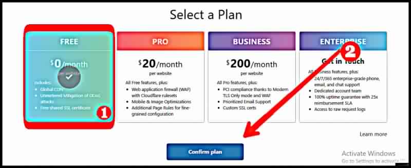 choose a free cloudflare plan