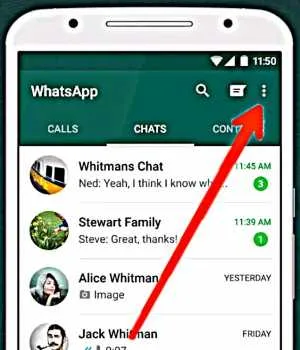 व्हाट्सएप में 3 डॉटस पर क्लिक करें। व्हाट्सएप में 3 डॉटस पर क्लिक करें।