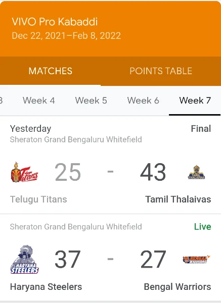 Live Score on google.com 