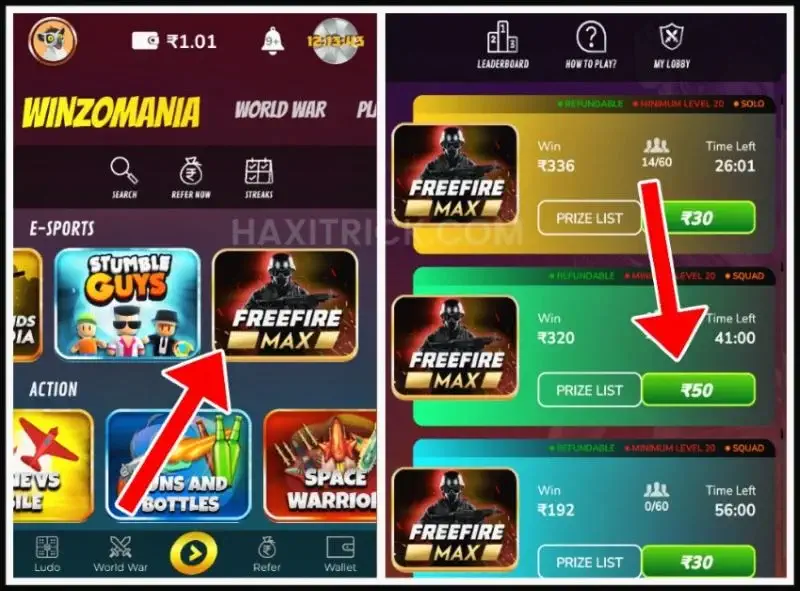 WinZO Free Fire Max Tournament Join & Earn