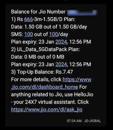 Jio Number Check Balance & Validity