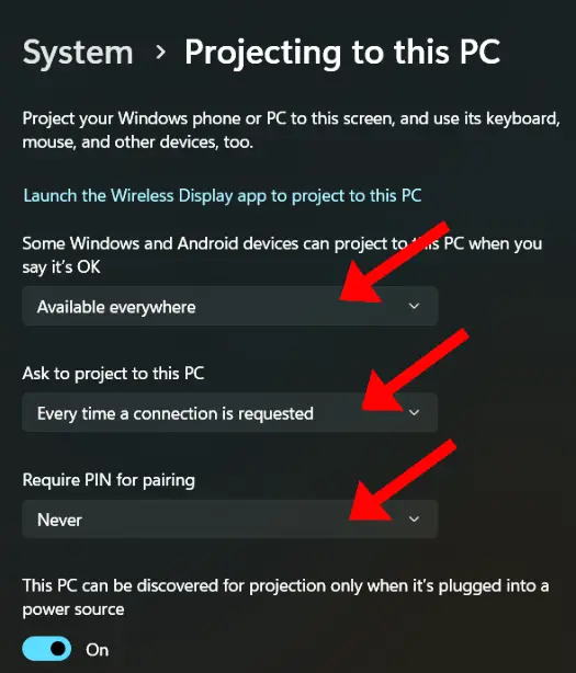 Projecting to this PC Setting